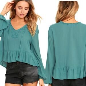 Lulu’s Island in the Sun Turquoise Blue Long Sleeve Embroidered Top Large